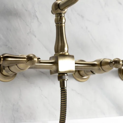 Miniatura 7 de Kingston Brass KS1243ALBS Heritage - Grifo de cocina de montaje en pared de 8 pulgadas con rociador de latón, latón antiguo
