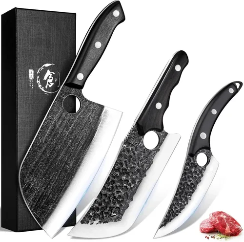 TIJERAS Juego de cuchillos de carnicero para cortar carne, juego de 3 cuchillos de cocina forjados a mano con mango ergonómico, cuchillo de hueso de