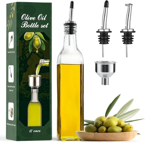 AOZITA - Botella dispensadora de aceite de oliva de vidrio transparente de 500 ml, ideal para aceite y vinagre, con vertedores y embudo, jarra