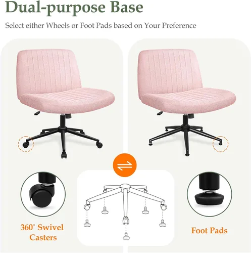 Miniatura 3 de Orange Factory Silla con Ruedas Cruzadas de Patas Cruzadas Anchas para Escritorio de Oficina y Tocador, Base Doble, Tela Cómoda, Sin Brazos, Base