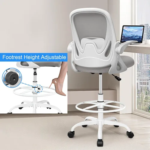 Miniatura 5 de Silla de dibujo alta de oficina con reposabrazos abatibles, altura ajustable y soporte lumbar mejorado, taburete ergonómico rodante, soporte de Gris
