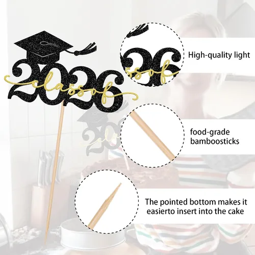 Miniatura 3 de Rsstarxi 1 paquete de decoración de pastel con purpurina para la clase de 2026, decoraciones de graduación 2026, tapa de felicitaciones