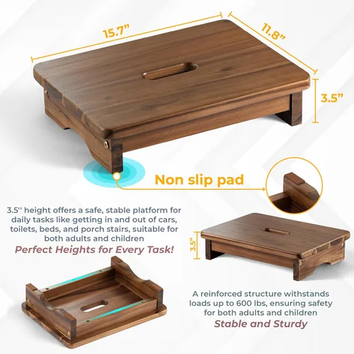 Miniatura 3 de FANATU Taburete de Madera de Un Escalón, Taburete de Un Escalón para Adultos, Taburete de Madera para Cabecera con Capacidad de 550 libras, Diseño