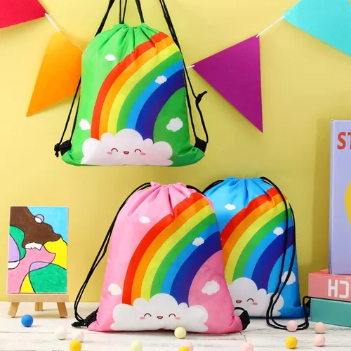 Miniatura 6 de Ferraycle 24 bolsas de regalo de fiesta de arco iris, suministros de fiesta de cumpleaños, bolsas con cordón, mochila de regalo, decoraciones