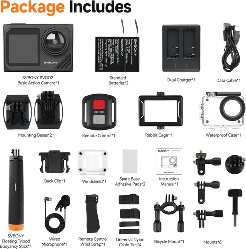 Miniatura 9 de SVBONY SVGo2 4K30FPS Cámara subacuática, EIS 2.0 doble pantalla táctil impermeable bajo el agua, zoom 50MP 5X, cámara de acción remota con palo
