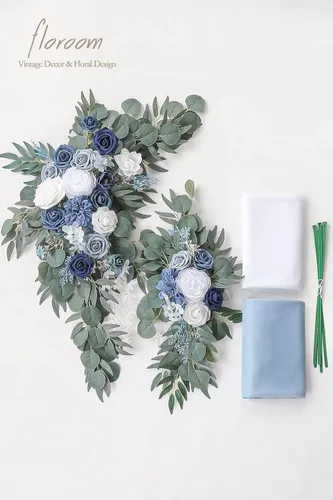 Miniatura 6 de Kit de flores de arco Floroom con cortinas (paquete de 4) - 2 piezas de arreglo de guirnalda floral artificial azul polvoriento y azul marino con 2