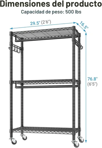 Miniatura 6 de VIPEK R2 - Perchero mediano con ruedas y ganchos laterales, resistente para colgar ropa, ajustable con alambre de metal, armario portátil con ruedas