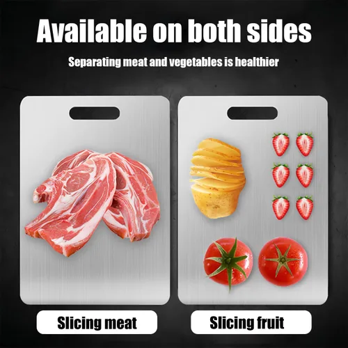 Miniatura 2 de Tabla de cortar de acero inoxidable 304 para cocina, tabla de cortar de doble cara con mango para carne, verduras, frutas y pan, fácil de limpiar