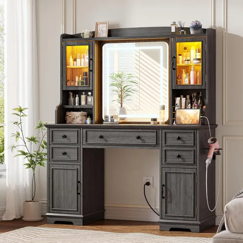 EnHomee Escritorio de tocador con espejo y luces, escritorio de maquillaje negro de 43 pulgadas con 5 cajones y 2 gabinetes de vidrio RGB, 3 luces
