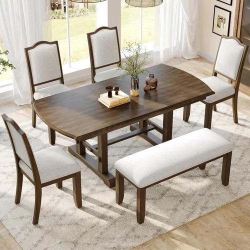 Miniatura 17 de Elegante juego de mesa de comedor de cocina de 6 piezas, mesa rectangular de madera y 4 sillas copetudas de respaldo alto y 1 banco, juego de mesa