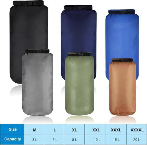 Miniatura 4 de Shappy Juego de 6 bolsas secas impermeables, ligeras, herméticas, con sacos de 20 L, 15 L, 10 L, 8 L, 5 L, 3 L y correa de hombro larga ajustable