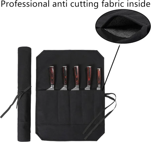 Miniatura 5 de Denifiter Bolsa enrollable para cuchillos de chef con 5 ranuras, rollo de cuchillo de lona de cera con tela profesional anti corte