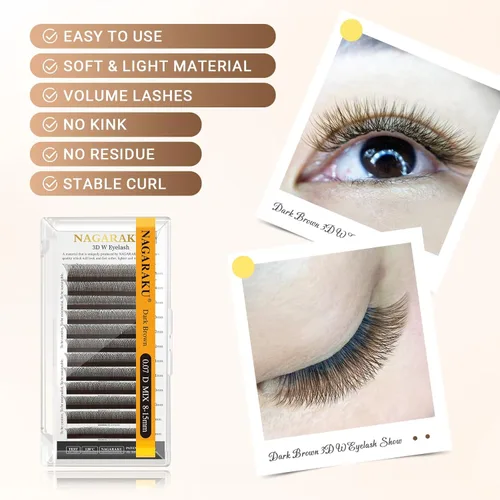 Miniatura 258 de NAGARAKU Extensiones de pestañas falsas en forma de W de 4D, suaves y naturales, con volumen, rizado D, 0.07mm, mezcla de 8-15mm, abanico 0.07-D 4D W