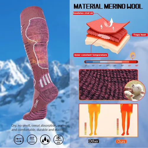 Miniatura 4 de Calcetines de esquí de lana merino para hombre y mujer, 2 pares para esquí, snowboard, térmicos hasta la rodilla, calcetines de rendimiento