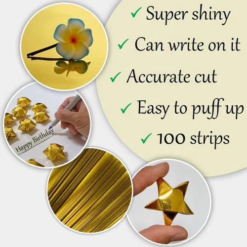 Miniatura 6 de 100-Strips Gold Foil Paper Strips for Making Origami Stars, Lucky Stars, Puff Stars. Reflective Mirror Shiny Paper Strips, 1 x 24 inch. (BIG Gold)