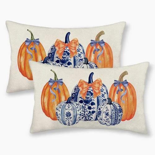 Miniatura 22 de Juego de 2 fundas de almohada de otoño de 16 x 16 pulgadas, diseño de calabaza azul y naranja, decoración de Acción de Gracias, decoración de otoño