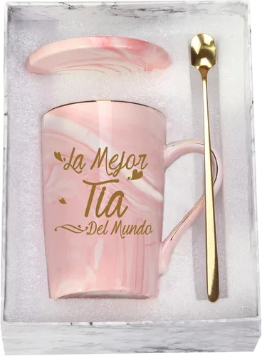 WENSSY La Mejor Taza Tia Del Mundo, regalos en español para tía de parte de sobrina, cumpleaños, día de la madre, 14 onzas, rosa con caja de regalo