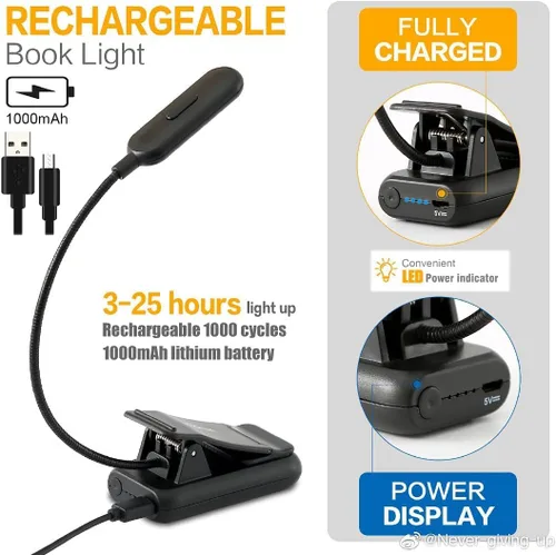 Miniatura 4 de VAVOFO Luz de lectura recargable con clip, 7 LED con 3 temperaturas de color, 9 niveles de brillo, luces de libro para leer en la cama con indicador