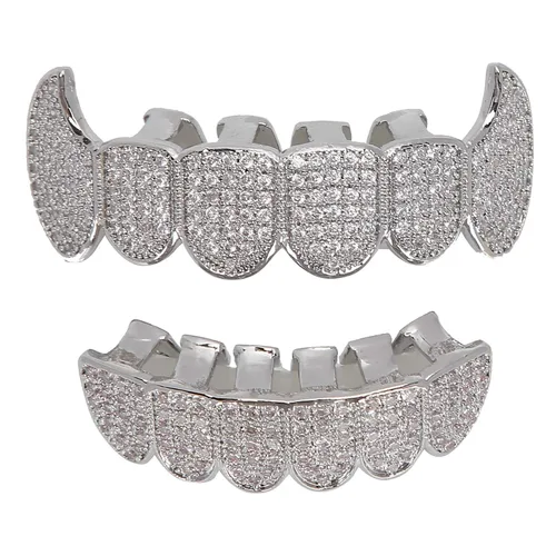 Miniatura 3 de Rejillas de dientes de cobre chapado en frío, oro plateado, dientes de diamante helados para hombres y mujeres rapero traje dientes joyería