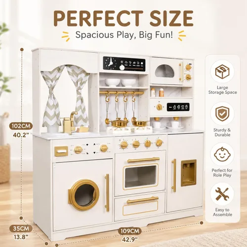 Miniatura 7 de Juego de Cocina de Juguete de Madera con Máquina de Hielo, Dispensador de Agua, Cafetera, Gran Juego de Cocina de Juguete para Niños Pequeños