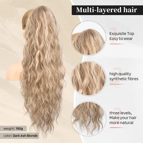 Miniatura 2 de Flufymooz Extensión de cola de caballo, extensiones de cabello con cordón de 26 pulgadas para mujer, cola de caballo larga y rizada ondulada