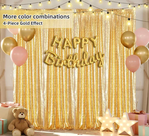 Miniatura 6 de Juya Delight 2 cortinas de lentejuelas doradas de 2 x 8 pies, telón de fondo de fotos con purpurina para fiestas, cumpleaños, bodas, decoración