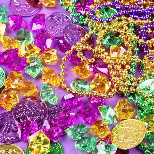 Miniatura 7 de Crowye Juego de 180 monedas falsas del tesoro pirata, gemas de plástico y collar de cuentas, juego de joyas para piratas, aventura, carnaval, Dorado
