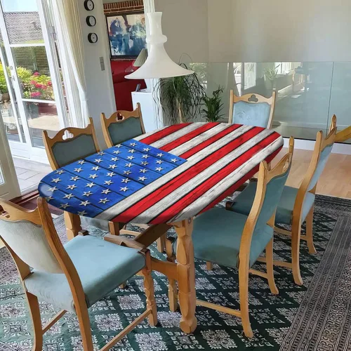 Miniatura 7 de Mantel de mesa ovalado con bandera estadounidense, mantel con bandera estadounidense sobre madera, cubierta elástica ajustada para el día