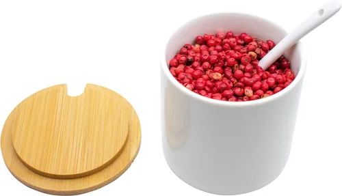 Miniatura 5 de Juego de 3 tarros de cerámica para condimentos en diferentes tamaños con cucharas y tapas de bambú y bandeja (blanco)