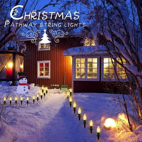 Miniatura 8 de Tira de luces LED estilo sendero de Navidad para exteriores; tira de 20 luces LED C9 con carcasa de fresa y estaca, interconectables, luz cálida