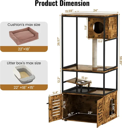Miniatura 5 de Lamerge Árbol para gatos con caja de arena, caja de arena grande todo en 1, condominio para gatos con postes rascadores y cuenco de alimentación