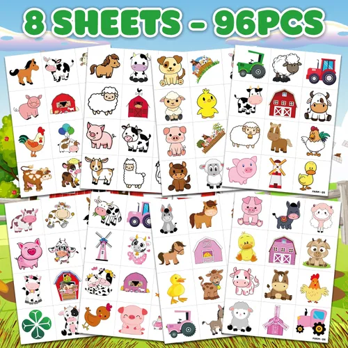 Miniatura 3 de 96 tatuajes temporales de animales de granja brillantes Pegatinas luminosas de tractor de granja para niños, recuerdos y decoraciones de fiesta