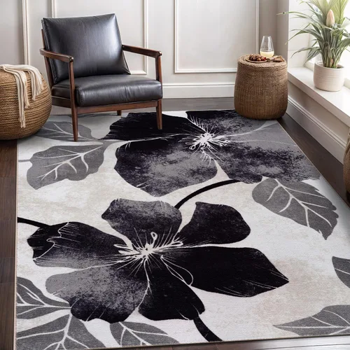 Miniatura 9 de CAMILSON Solana - Alfombra moderna con diseño floral de 2 x 3 pies, antideslizante y parte trasera de goma, negro - flores grises, alfombra