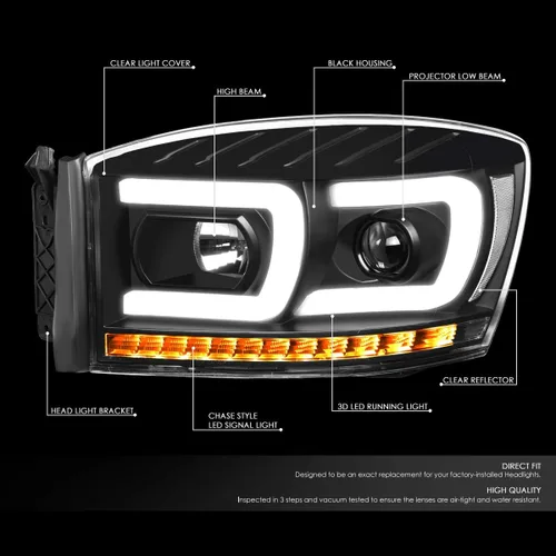Miniatura 2 de DNA MOTORING HL-HPL-RM06-G2-BK-CL1 Faros proyectores de secuencia de señal LED 3D dual DRL Compatible con Dodge Ram 1500 modelos 2006-2008/Dodge Ram