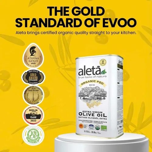 Miniatura 9 de Aleta, Aceite de oliva virgen extra griego orgánico USDA, certificado por la UE, DOP Grecia, 1 litro (33.8 oz.) lata, Kosher EK, paquete de 1