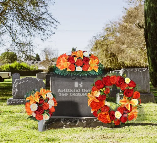 Miniatura 7 de HENOMO Flor de cementerio artificial con jarrón para lápida, decoración de tumbas al aire libre, ramo conmemorativo arreglado por floristas: mezcla