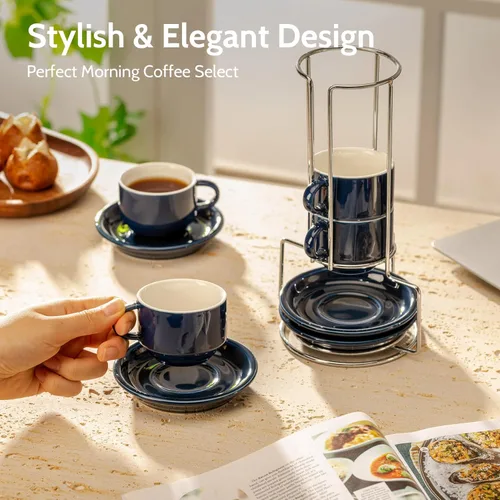 Miniatura 3 de Sweese - Juego de 4 tazas de café espresso apilables de porcelana con platillos y soporte de metal, 4 onzas, color azul marino