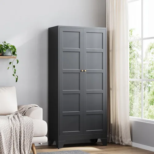 Yizosh - Gabinete de almacenamiento de metal con 2 puertas y 4 estantes ajustables - Gabinete de almacenamiento de cocina de 71 pulgadas color Negro