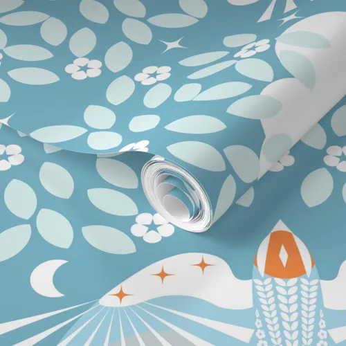 Miniatura 2 de Removable Wallpaper Swatch - Blue Sky Folk Art Orange Aqua Maximalist Magic Lucid Dreaming Scandi Scandinavian Mystical Large Custom Pre-Pasted