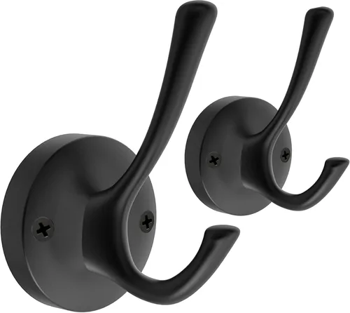 TOFIIGREM Ganchos negros para toallas, paquete de 2 ganchos de metal resistente para bata de baño, gancho doble montado en la pared, ganchos para