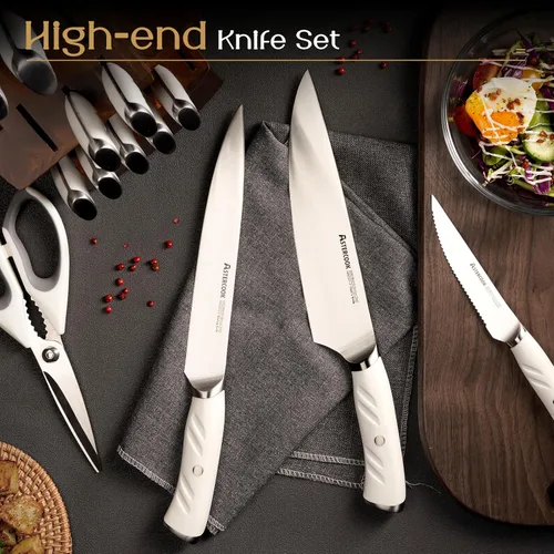Miniatura 8 de Astercook Juego de Cuchillos de Cocina con Bloque y Afilador Doble Full Tang 15 Piezas Cuchillos de Acero Inoxidable Alemán Aptos para Lavavajillas