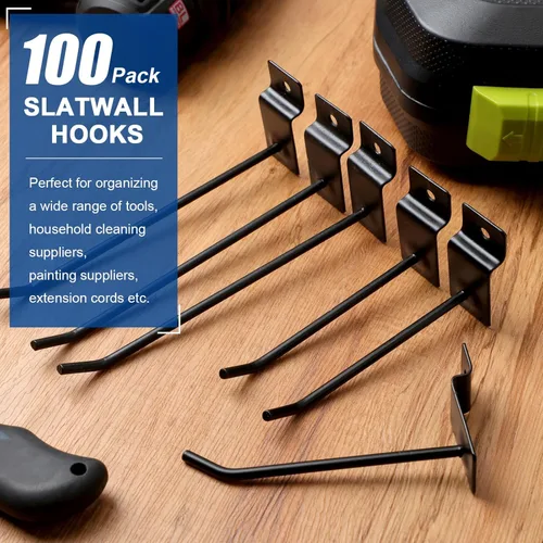 Miniatura 6 de Moxweyeni Paquete de 100 ganchos para paneles de pizarra, accesorios de clavijas resistentes para colgar, soportes de metal para garaje, tienda Negro