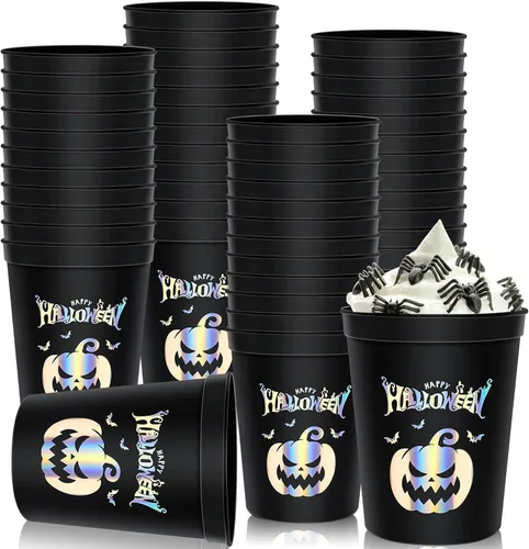 Whaline 30 tazas de fiesta de Halloween de 16 onzas con diseño de calabaza espeluznante bronceadora plateada, tazas decorativas de Halloween, color