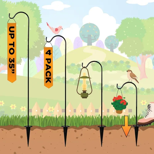 Ganchos de pastor para exteriores, juego de 4 postes de jardín ajustables para comederos de pájaros, linternas solares, campanillas de viento, Negro