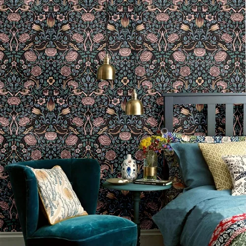 Miniatura 3 de Blooming Wall DPYC42 William Morris - Papel tapiz autoadhesivo y removible, autoadhesivo, diseño de flores y tulipanes (17.7 x 118 pulgadas, azul)