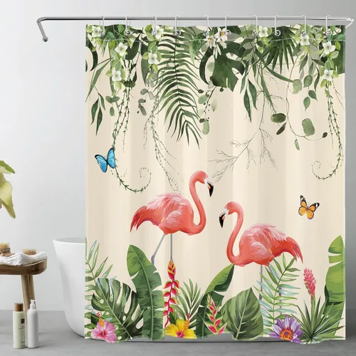 Miniatura 14 de EOBTAIN Cortina de ducha de hojas de plantas tropicales para baño, flamenco rosa y mariposa azul con hojas de palma en beige, cortina de ducha con 8