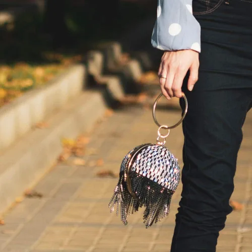 Miniatura 3 de Boutique De FGG Bolso de mano redondo para mujer, con borla, para boda, fiesta, diamantes de imitación