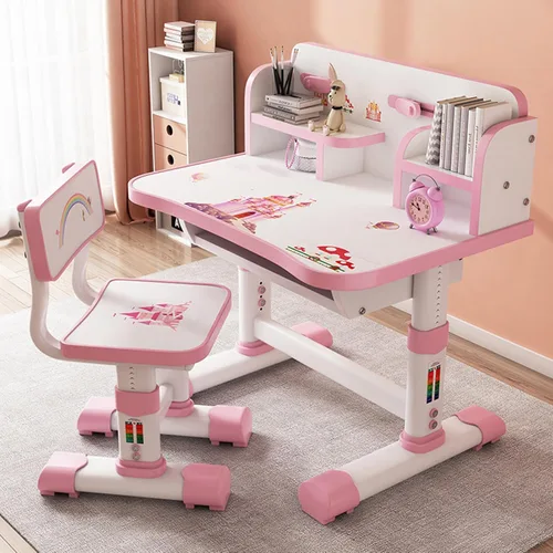 Miniatura 13 de Juego de escritorio y silla para niños, escritorio de estudio ajustable en altura, diseño dorado que previene la miopía, escritorio de estudio