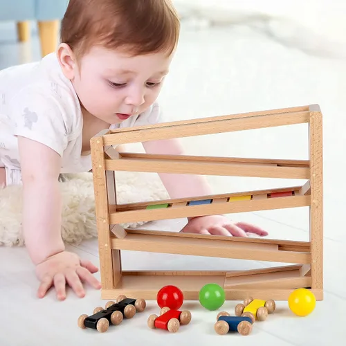 Miniatura 6 de Qilay Juguete de carreras de madera para niños pequeños, juego de rampa de coche de carreras de 5 niveles incluye 4 autos de madera y 3 pelotas