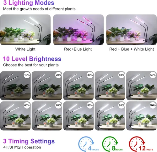 Miniatura 2 de Luz de crecimiento de plantas con clip para interiores, luz de crecimiento de espectro completo con 156 LED, cuello de cisne flexible y temporizador
